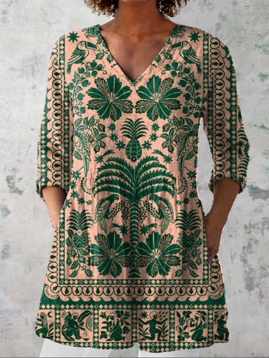 Women's  Vintage Symmetry Art Print Casual Linen V-neck Shirt