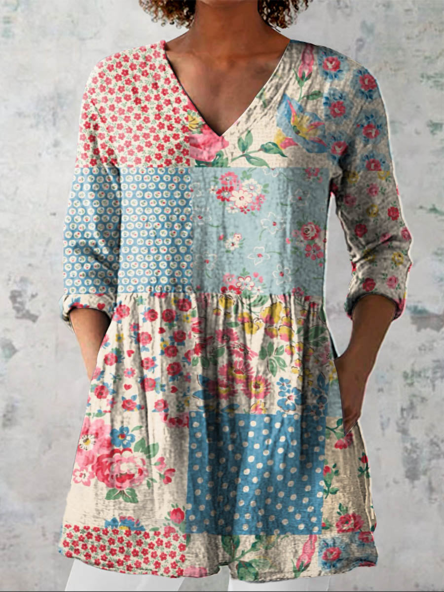 Women's Vintage Floral Patchwork Art Print Casual Cotton Linen V-neck Shirt