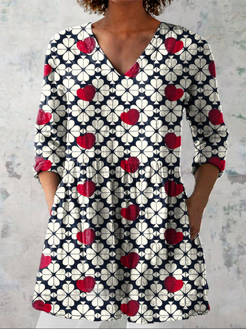 Women's Retro Pattern Love Heart Art Print Casual Linen V-neck Shirt