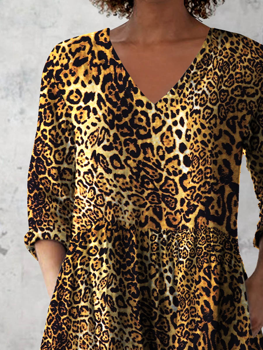 Women's Retro Leopard Print Casual Cotton And Linen V-neck Top