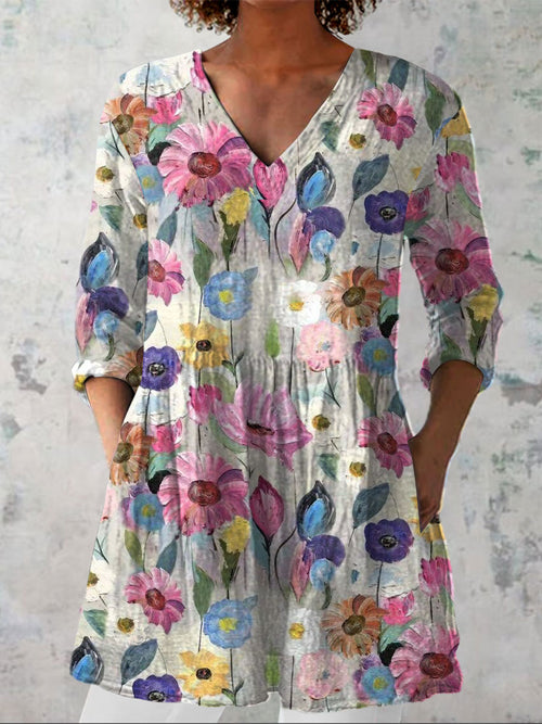 Women's  Flowers Art  Print Casual Linen V-neck Shirt