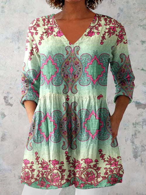 Women's Ethnic Geometric Print V-neck Cotton and Linen Top