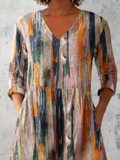 Women's Art Geometric Print V-Neck Cotton and Linen Top