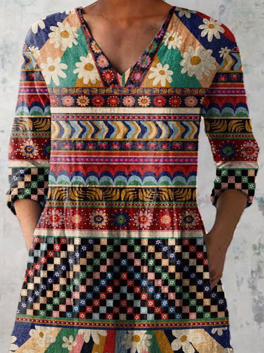 Retro Ethnic Floral Pattern Printed Women's Casual Linen V-Neck Shirt