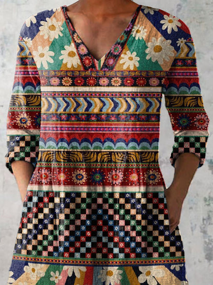 Retro Ethnic Floral Pattern Printed Women's Casual Linen V-Neck Shirt