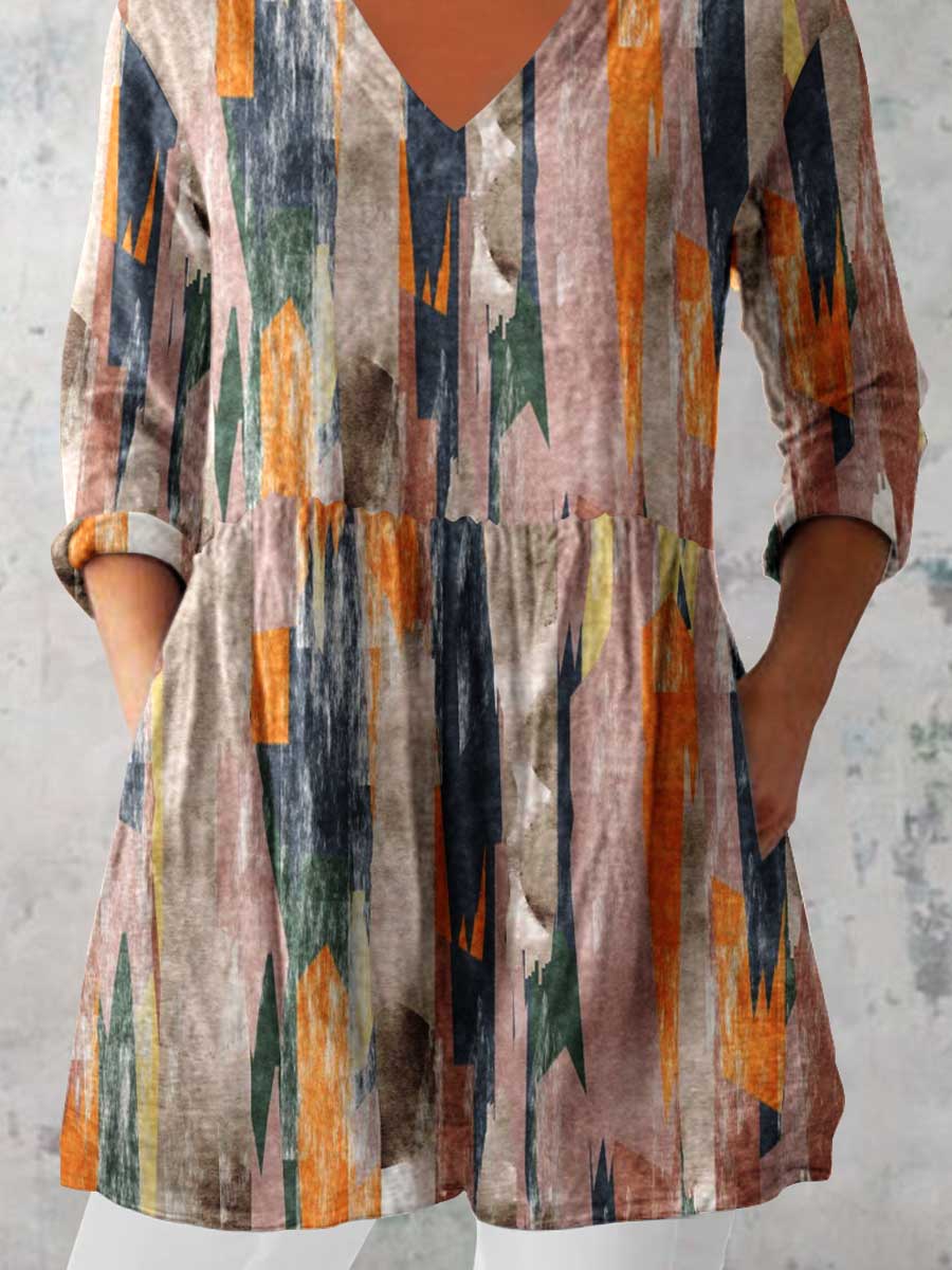 Women's Art Geometric Print V-Neck Cotton and Linen Top