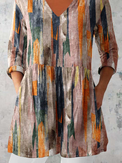 Women's Art Geometric Print V-Neck Cotton and Linen Top