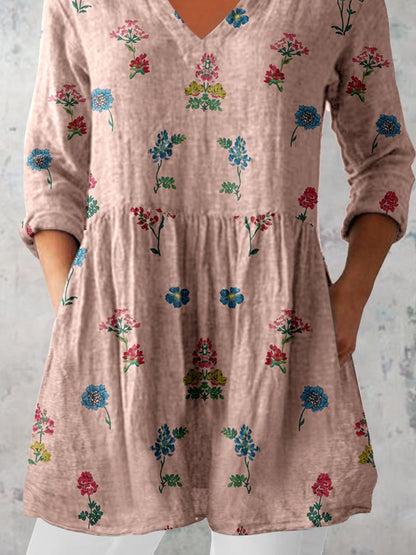 Women's Elegant Floral Print Pattern Cotton and Linen Top