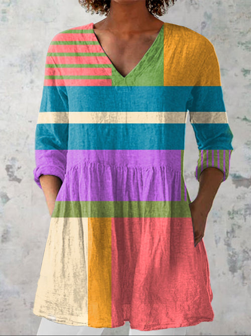 Women's  Vintage Abstract Geometric Art Print Casual Linen V-neck Shirt