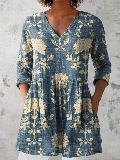 Women's Vintage Lovely Floral Art Print Casual Linen V-neck Shirt