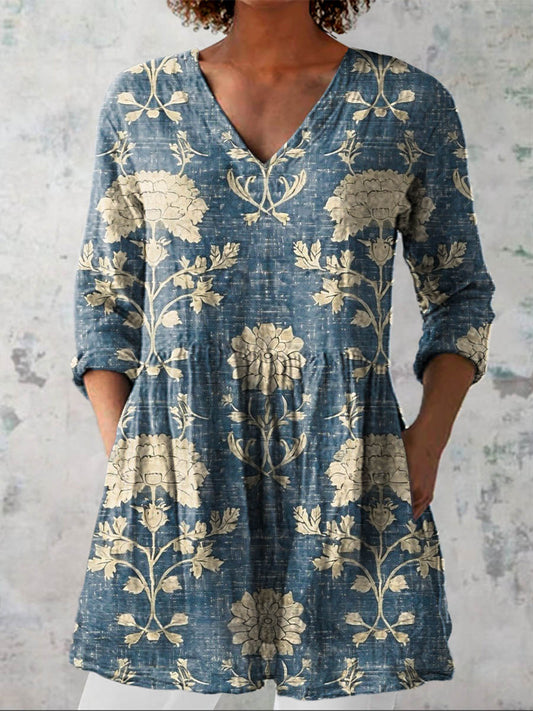 Women's Vintage Lovely Floral Art Print Casual Linen V-neck Shirt