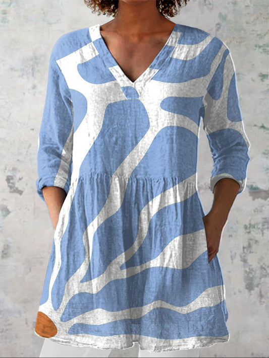 Women's   Abstract Flowers Art Print Casual Linen V-neck Shirt