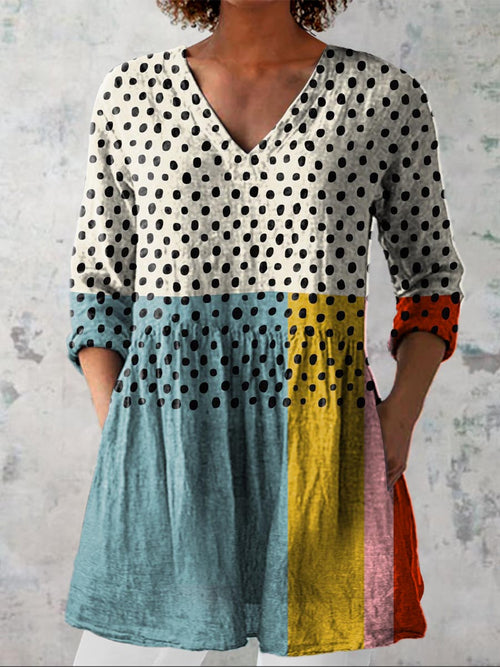 Women's Abstract Geometric Dot Pattern Art Print Casual Linen V-neck Shirt