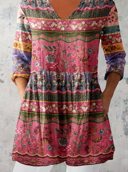 Women's Pellis Pattern Cotton and Linen V-neck Top