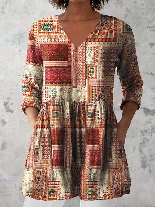 Women's Retro Floral Art Print Casual Cotton And Linen V-neck Top