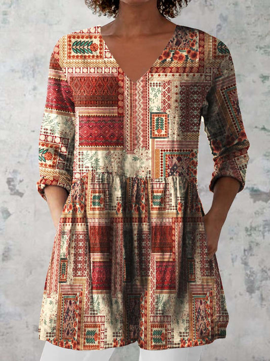 Women's Retro Floral Art Print Casual Cotton And Linen V-neck Top