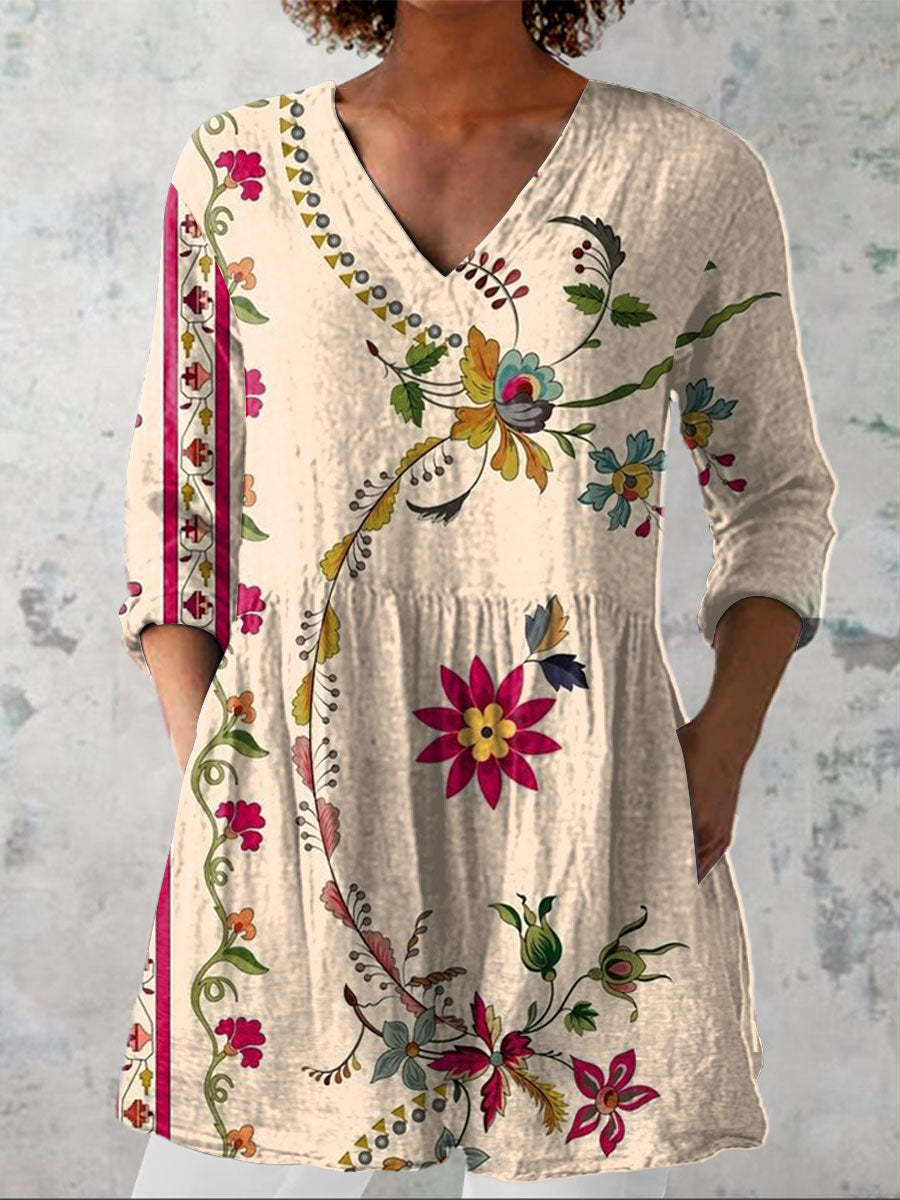 Women's  Boho Flowers Art Print Casual Linen V-neck Shirt