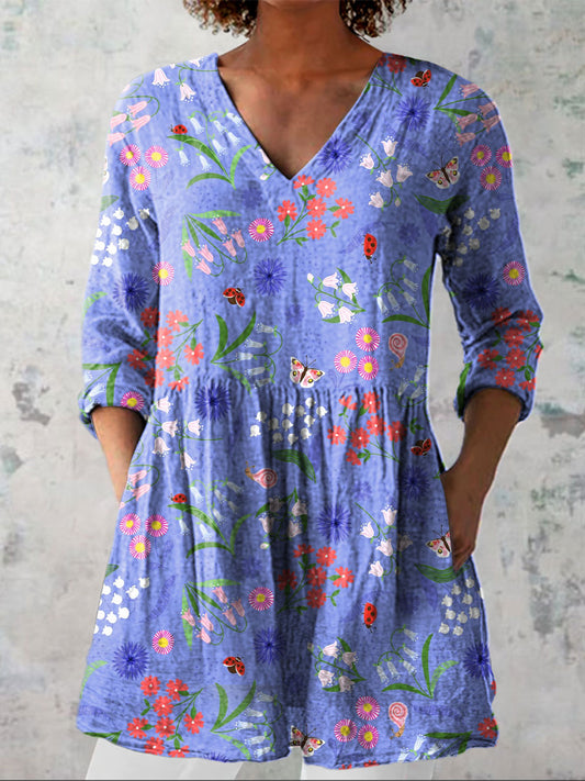 Women's Vintage Flower Art Print Casual Linen V-neck Shirt