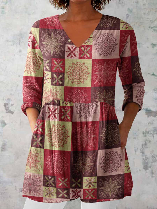 Women's Elegant Geometric Ethnic Print V-Neck Cotton and Linen Top