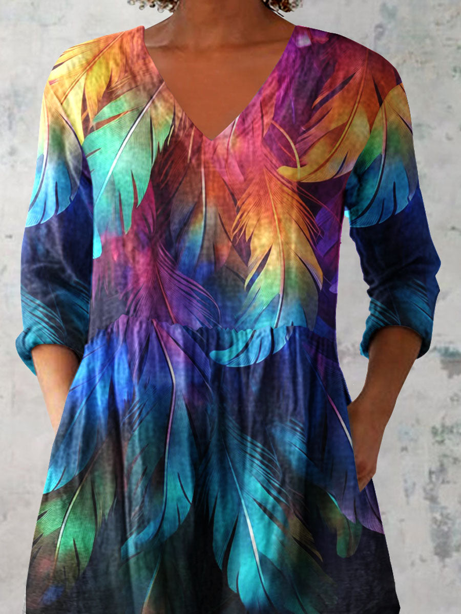 Women's Colorful Feather Pattern Cotton and linenTop
