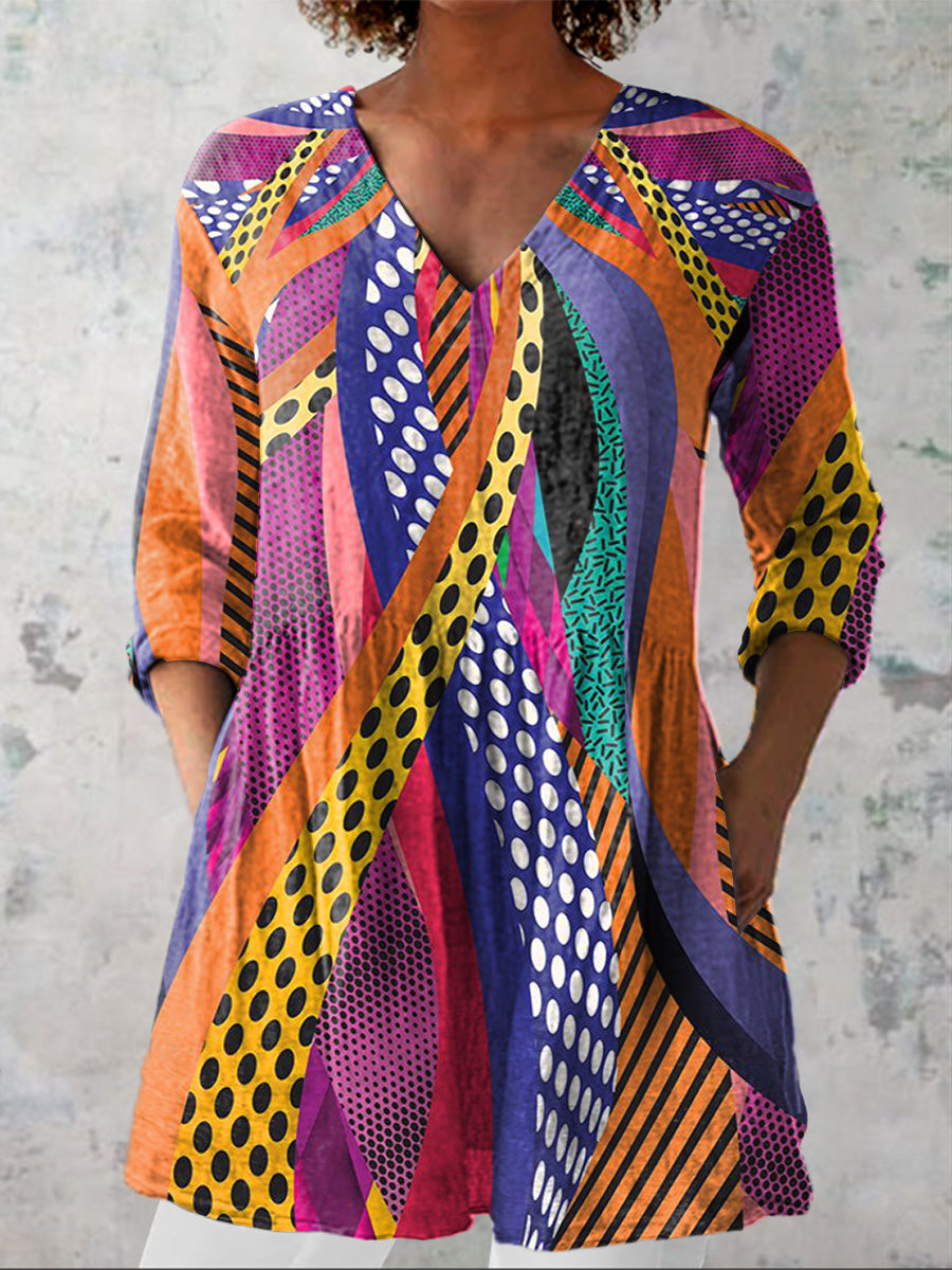 Abstract Geometric Pattern Printed Women's Casual Linen V-Neck Shirt