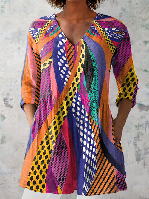 Abstract Geometric Pattern Printed Women's Casual Linen V-Neck Shirt