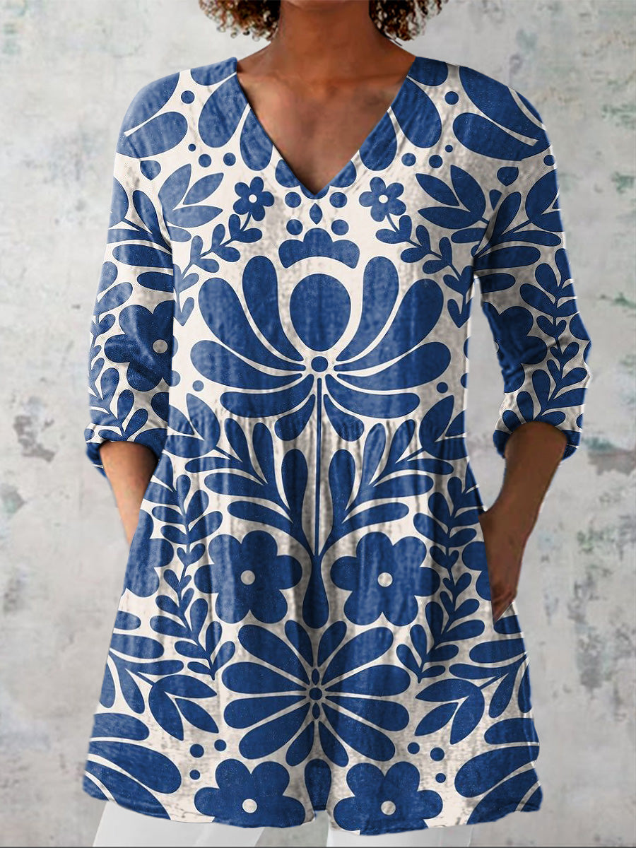 Vibrant Summer Floral Pattern Printed Women's Casual Linen V-Neck Shirt