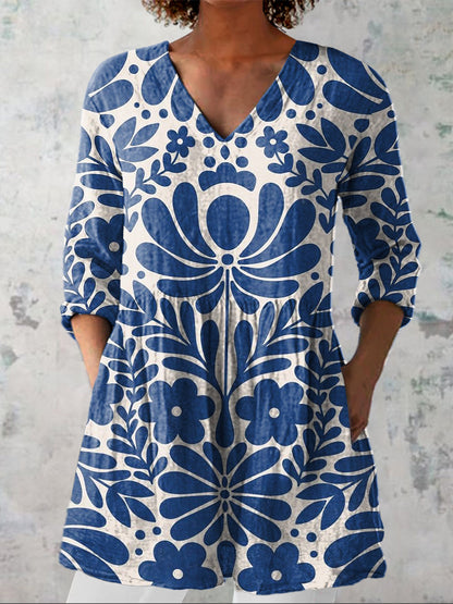 Vibrant Summer Floral Pattern Printed Women's Casual Linen V-Neck Shirt