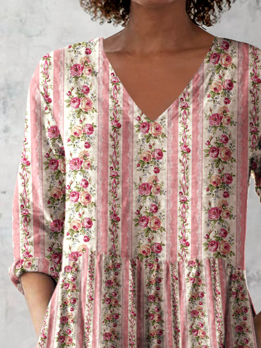 Women's Retro Floral Art Print Casual Cotton And Linen V-neck Top