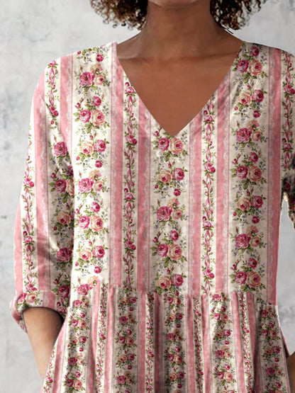 Women's Retro Floral Art Print Casual Cotton And Linen V-neck Top