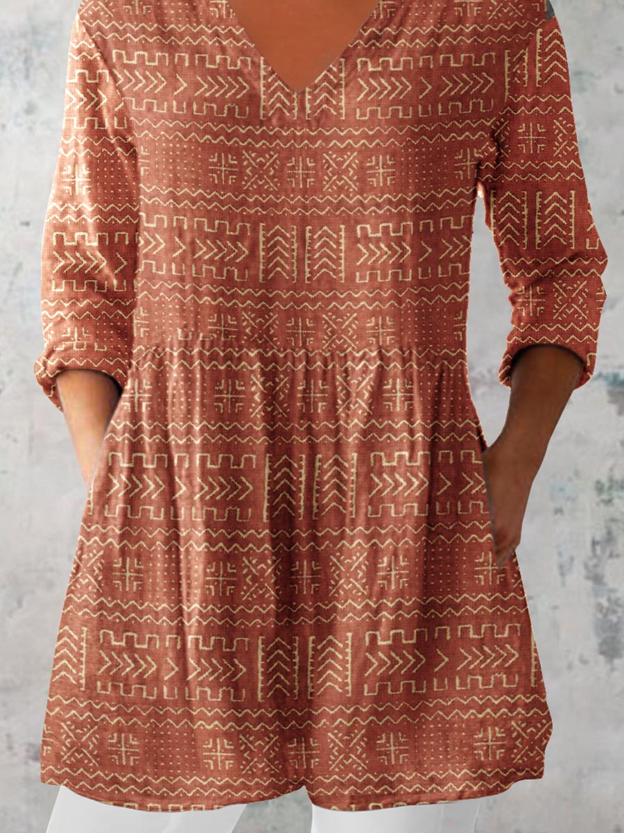 Women's Art Geometric Print V-Neck Cotton and Linen Top