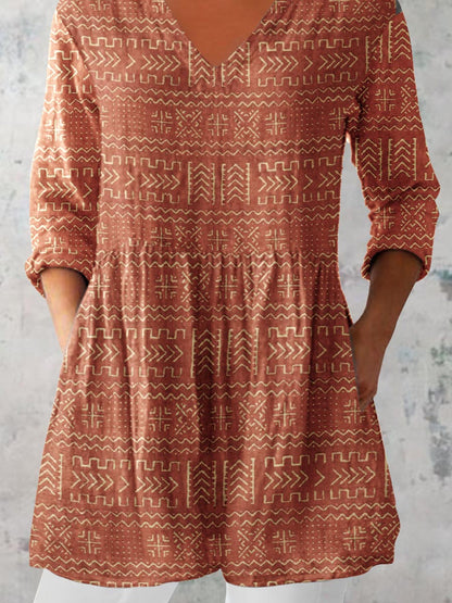 Women's Art Geometric Print V-Neck Cotton and Linen Top