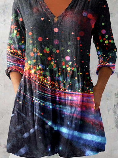 Women's Art Color Dot Print V-Neck Cotton and Linen Top