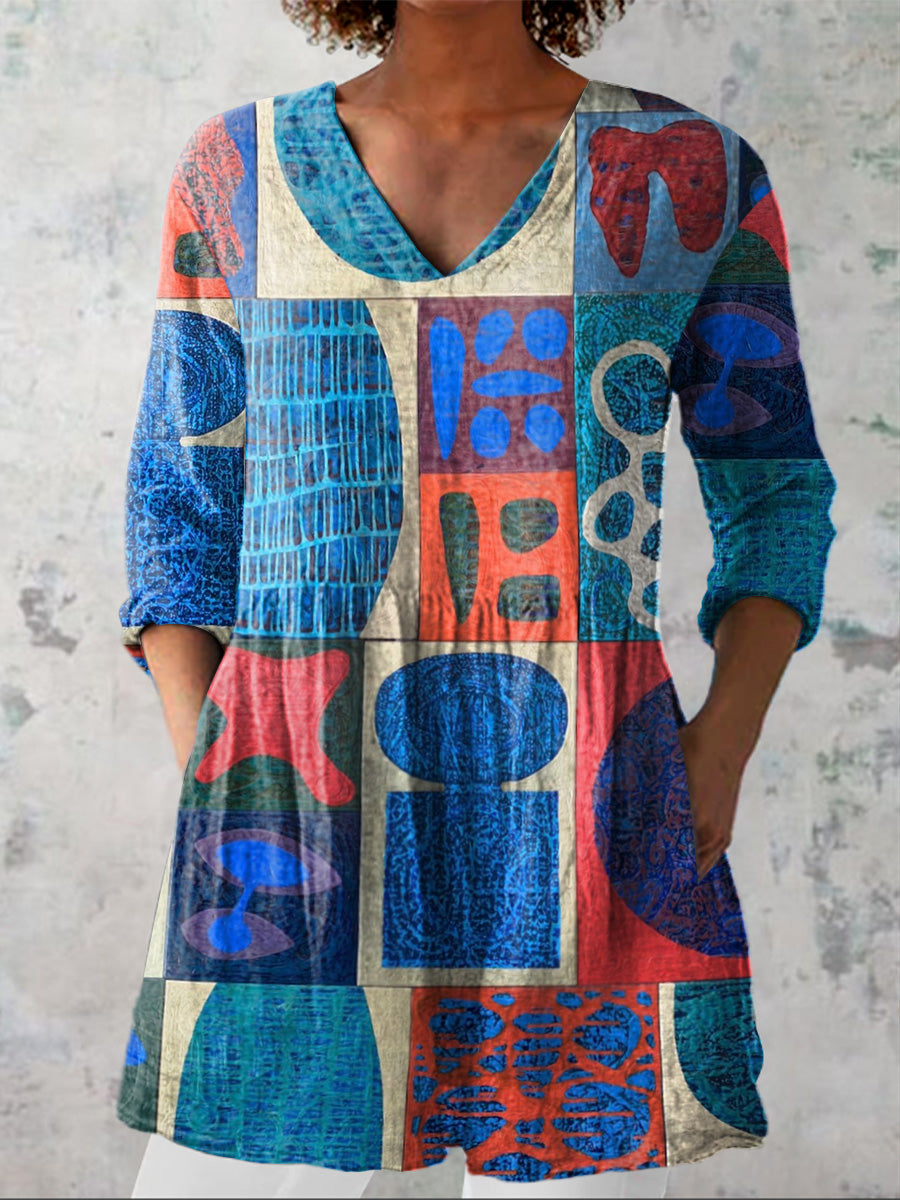 Summer Geometric Pattern Printed Women's Casual Linen V-Neck Shirt