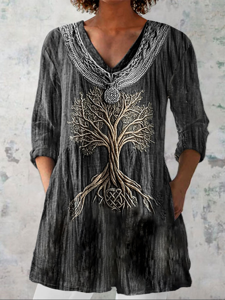 Women's  Tree Of Life Vintage Art Print Casual Linen V-neck Shirt