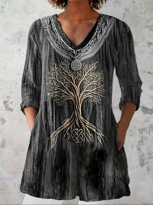 Women's  Tree Of Life Vintage Art Print Casual Linen V-neck Shirt