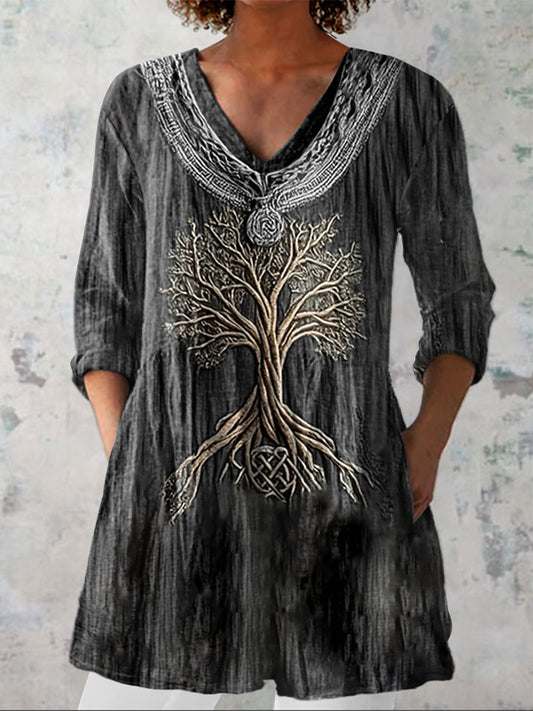 Women's  Tree Of Life Vintage Art Print Casual Linen V-neck Shirt