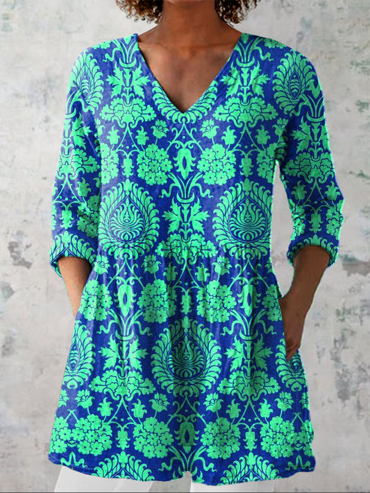 Vibrant Summer Ethnic Pattern Printed Women's Casual Linen V-Neck Shirt
