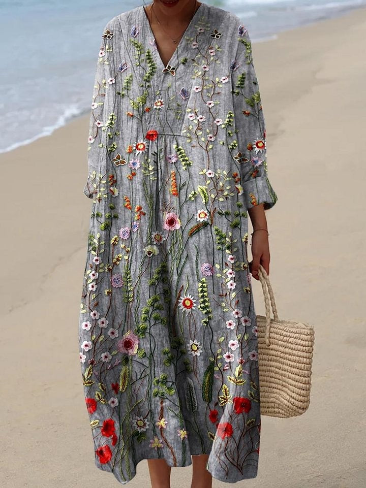 Women's Vintage Floral Art Print Casual Cotton Linen V-neck Shirt