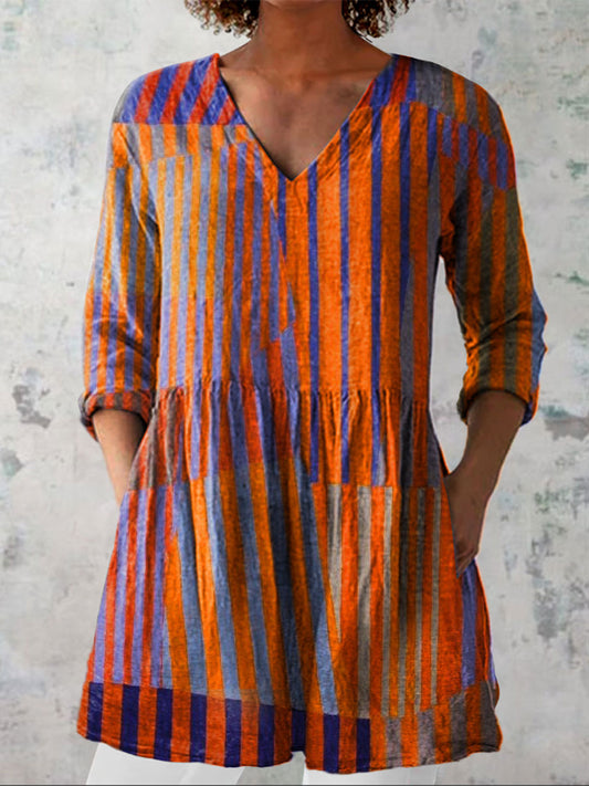 Women's Vintage Colorblock Striped Art Print Casual Linen V-neck Shirt