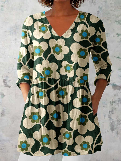 Women's Elegant Floral Pattern Cotton and Linen Top