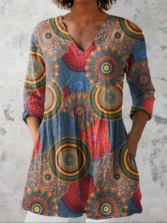 Boho Style Compass Pattern Printed Women's Casual Linen V-Neck Shirt