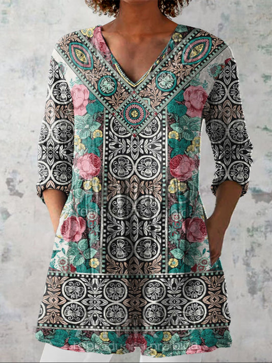 Ethnic Style Floral Pattern Printed Women's Casual Linen V-Neck Shirt