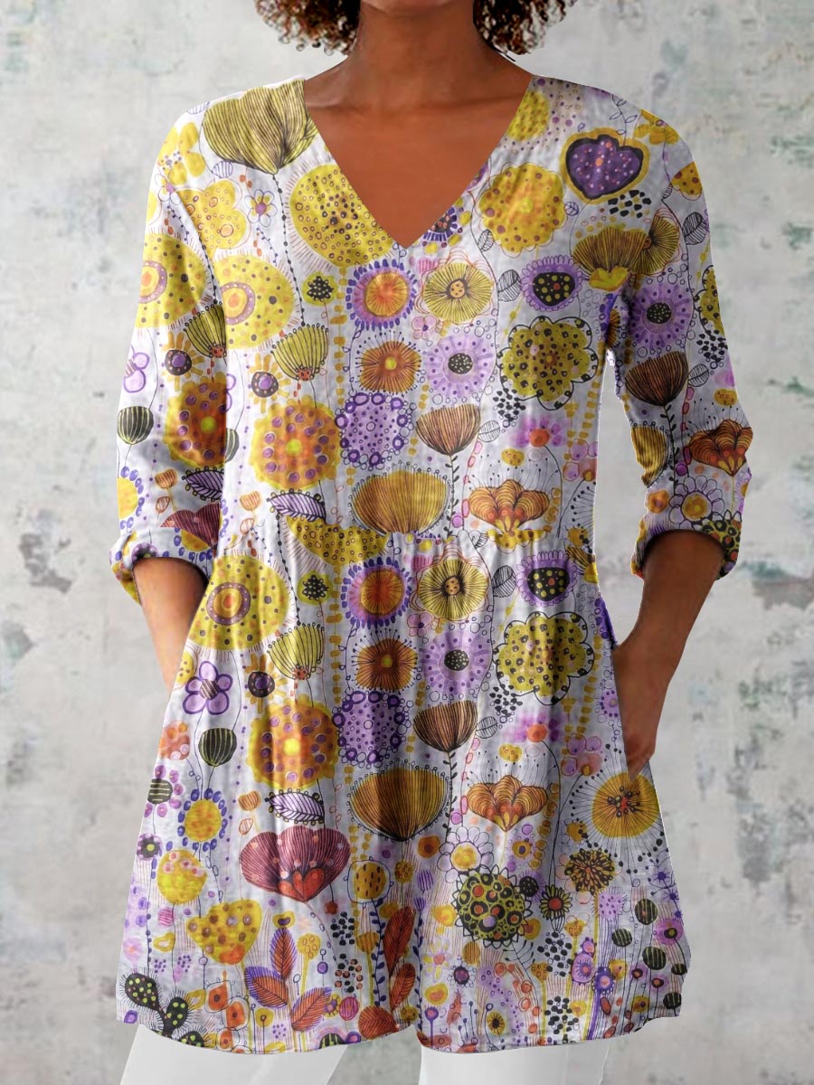 Women's Elegant Floral Pattern Cotton and Linen Top