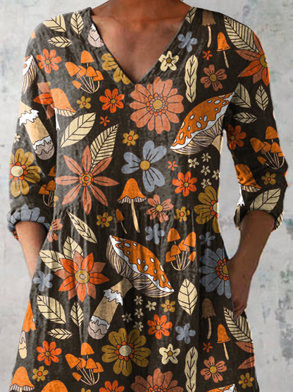 Retro Forest Mushroom Pattern Printed Women's Casual Linen V-Neck Shirt