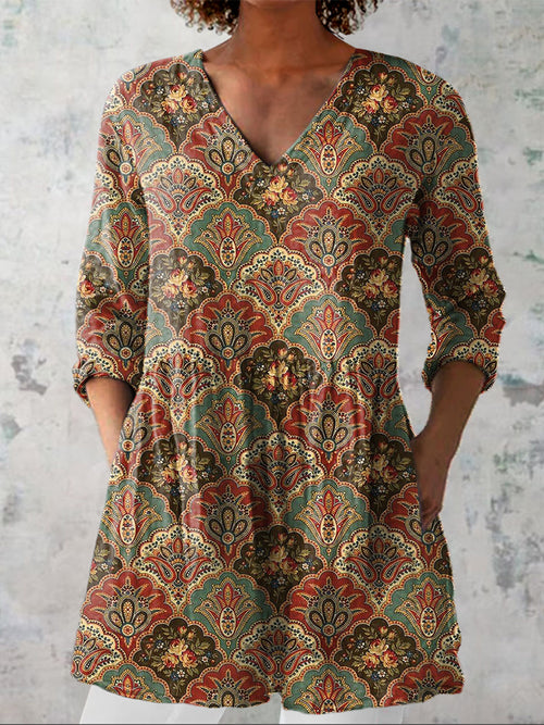 Vintage Oriental Ethnic Pattern Printed Women's Casual Linen V-Neck Shirt