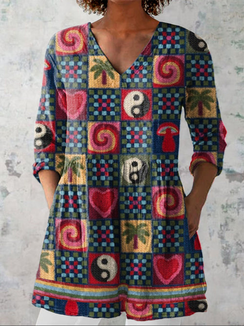 Hippie Style Summer Pattern Printed Women's Casual Linen V-Neck Shirt