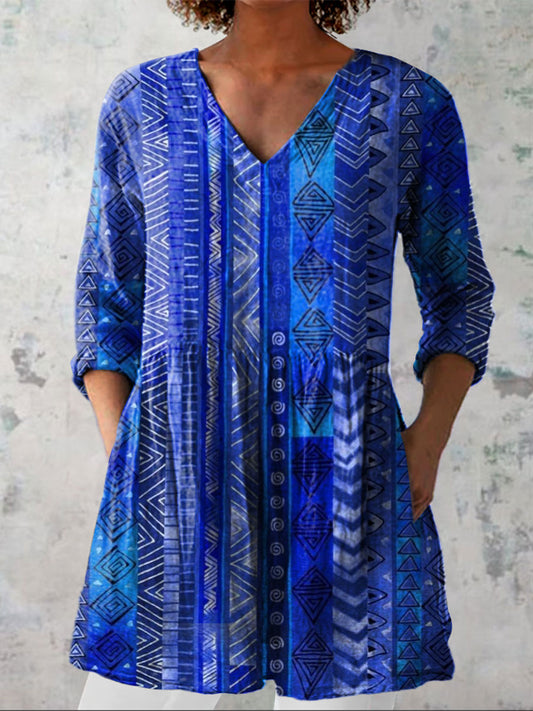 Women's Vintage Colorblock Geometric Art Print Casual Linen V-neck Shirt