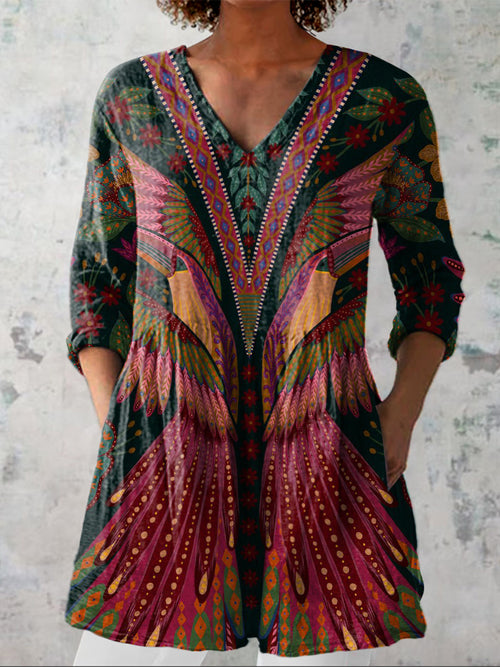 Summer Tropical Bird Symmetrical Pattern Printed Women's Casual Linen V-Neck Shirt