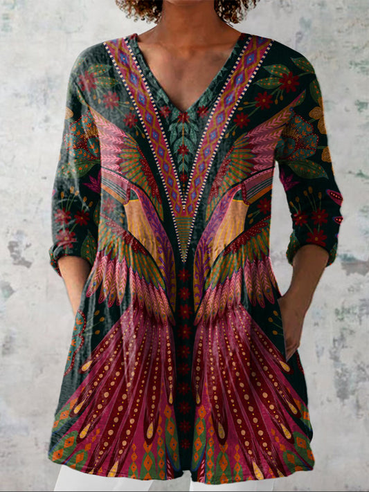 Summer Tropical Bird Symmetrical Pattern Printed Women's Casual Linen V-Neck Shirt